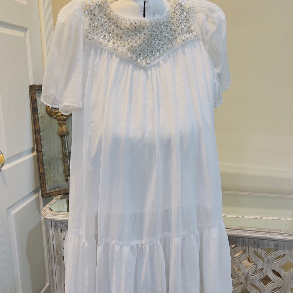 Zara White Holiday Dress with Embellished Neckline